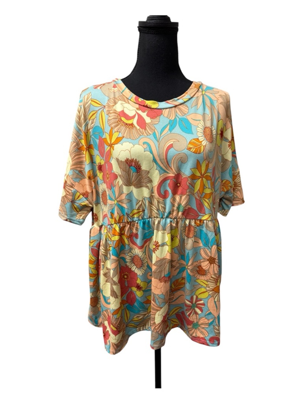 NWT Hapics Floral Babydoll Top L Boho Retro Teal Orange Stretch Boutique